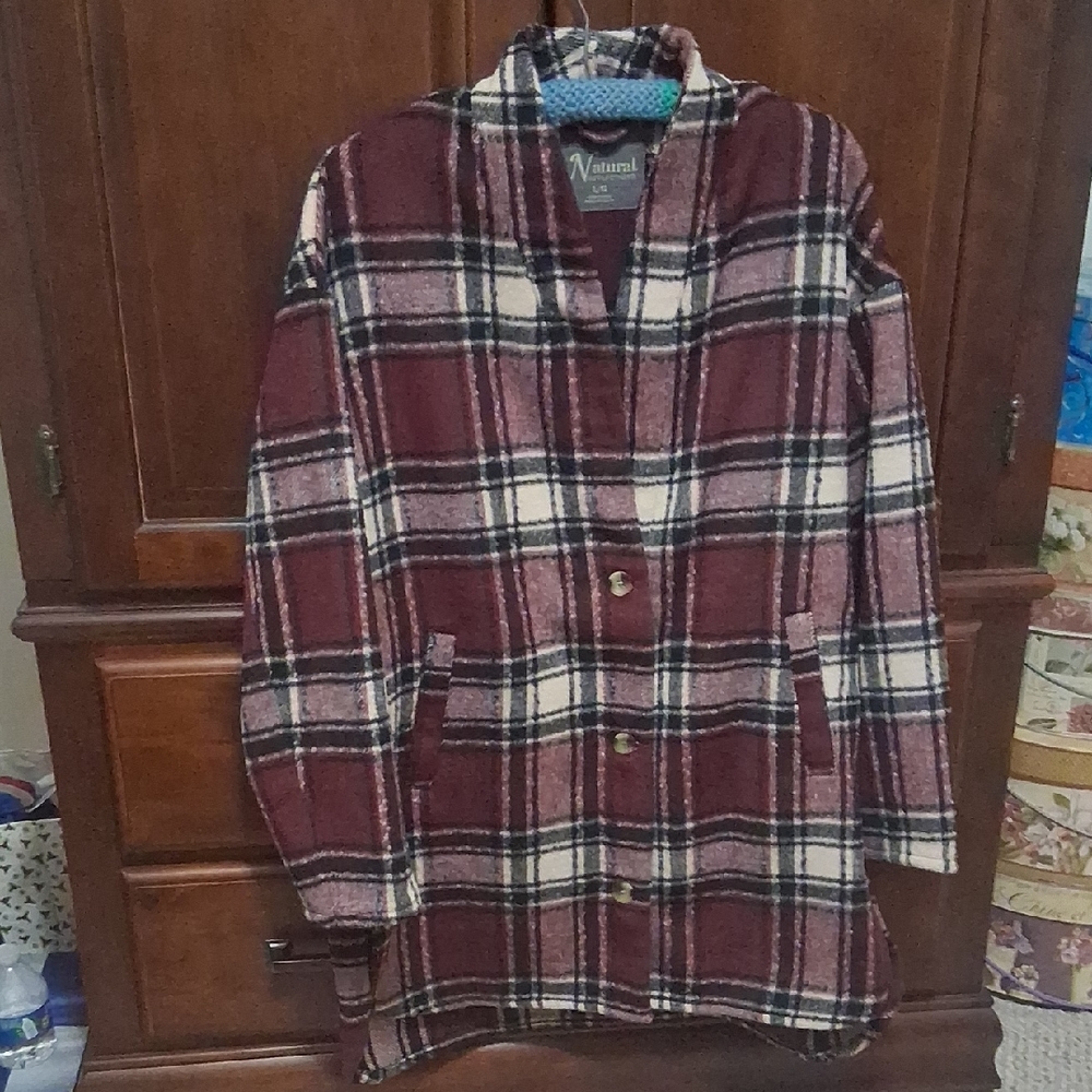 Natural Reflections Burgundy and Cream Plaid Women's Pea Coat